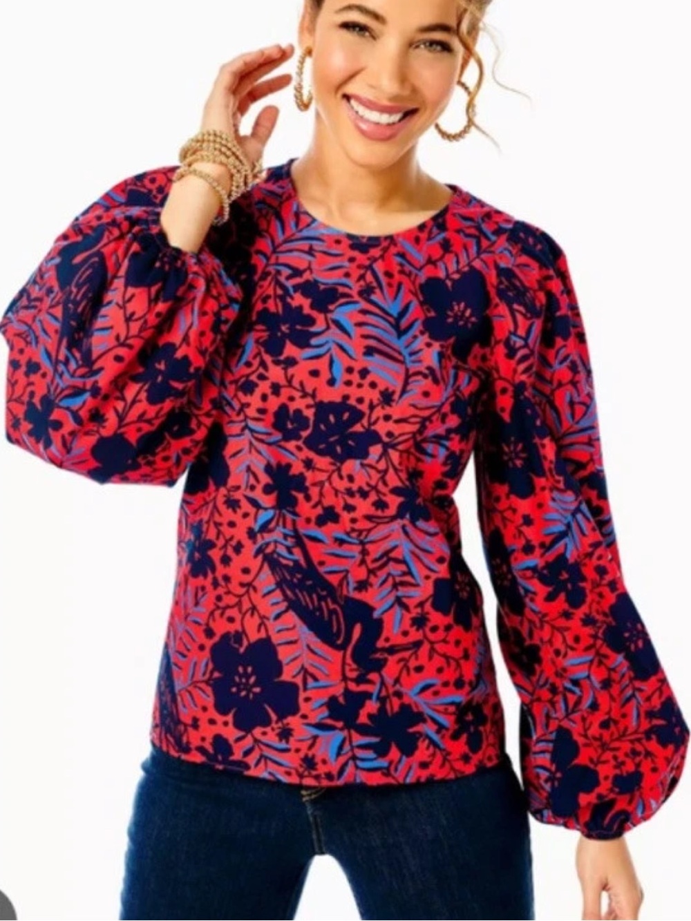 Lilly Pulitzer Lynnley Long-Sleeve Top Blouse Women’s XL Ruby Red Heron My Own